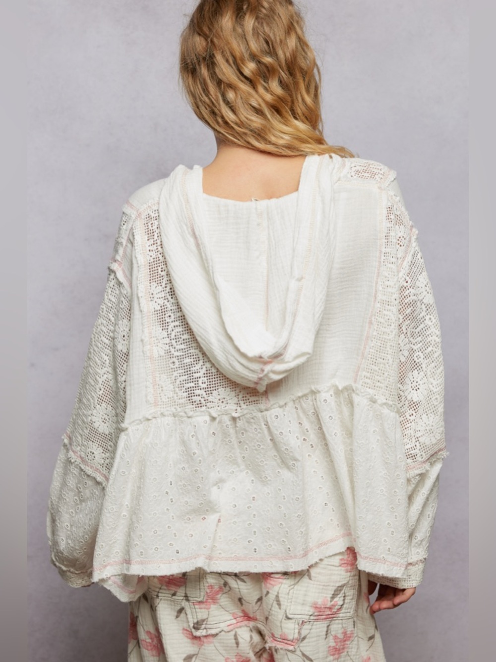⚡️ POL “ Flower Festival Hoodie “ Patchwork Lace Top | White - Picture 5 of 6